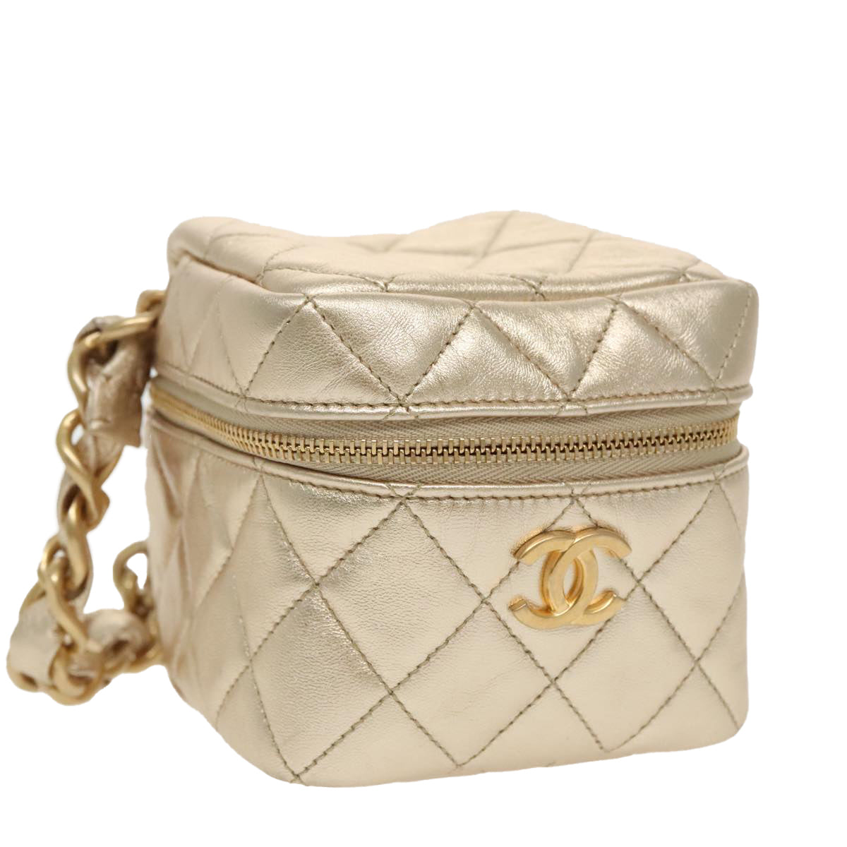 CHANEL Matelasse Chain Hand Bag Lamb Skin Gold CC Auth 100060AV