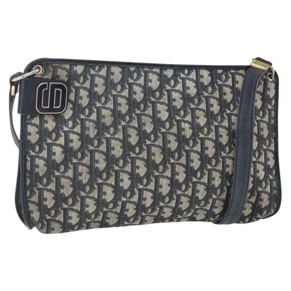 Christian Dior Trotter Canvas Shoulder Bag Beige Navy gold Auth 100669