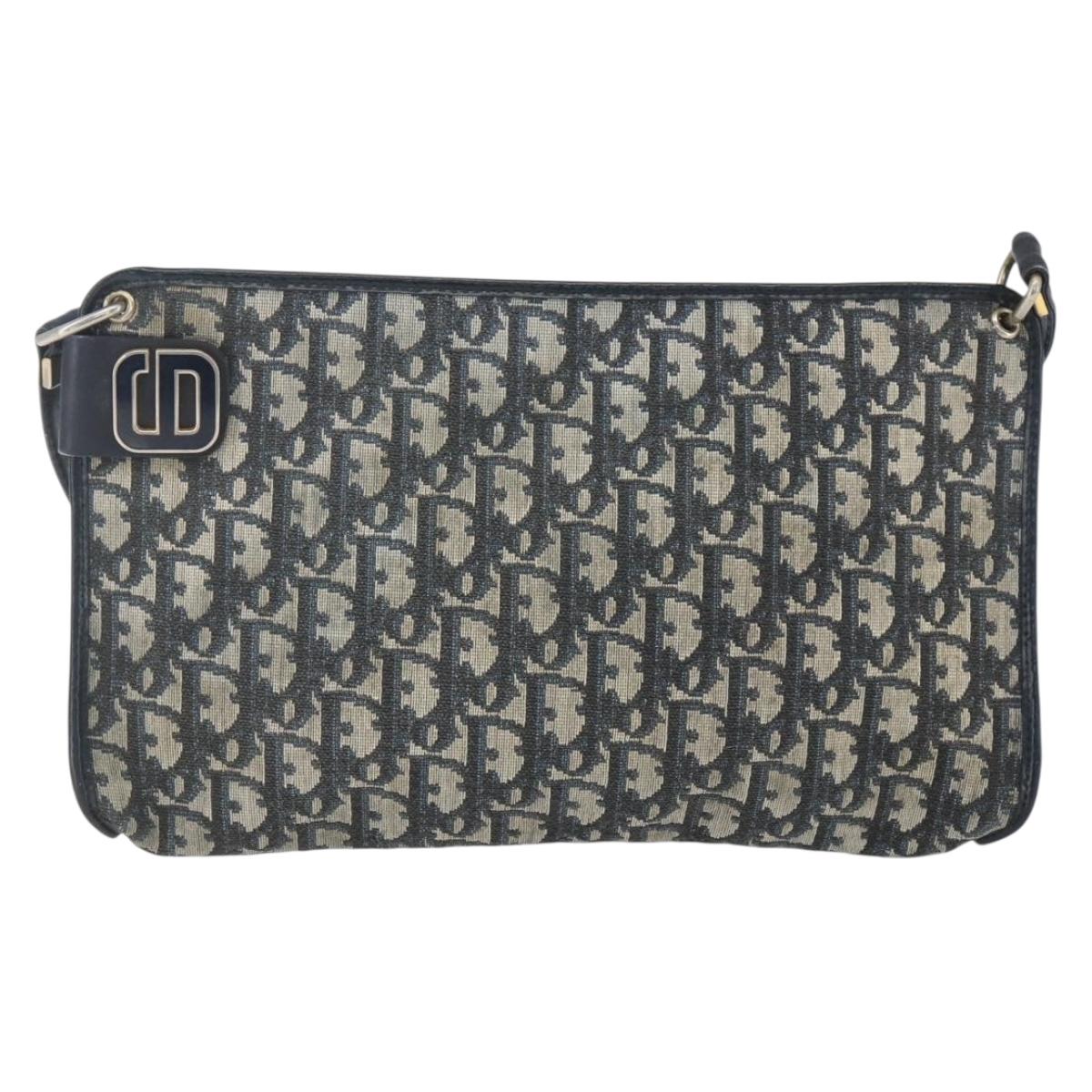 Christian Dior Trotter Canvas Shoulder Bag Beige Navy gold Auth 100669