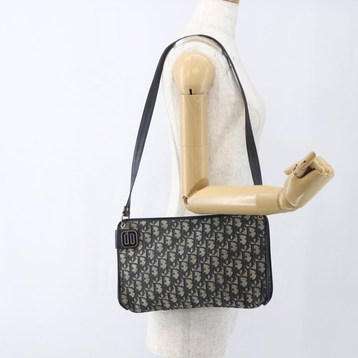 Christian Dior Trotter Canvas Shoulder Bag Beige Navy gold Auth 100669