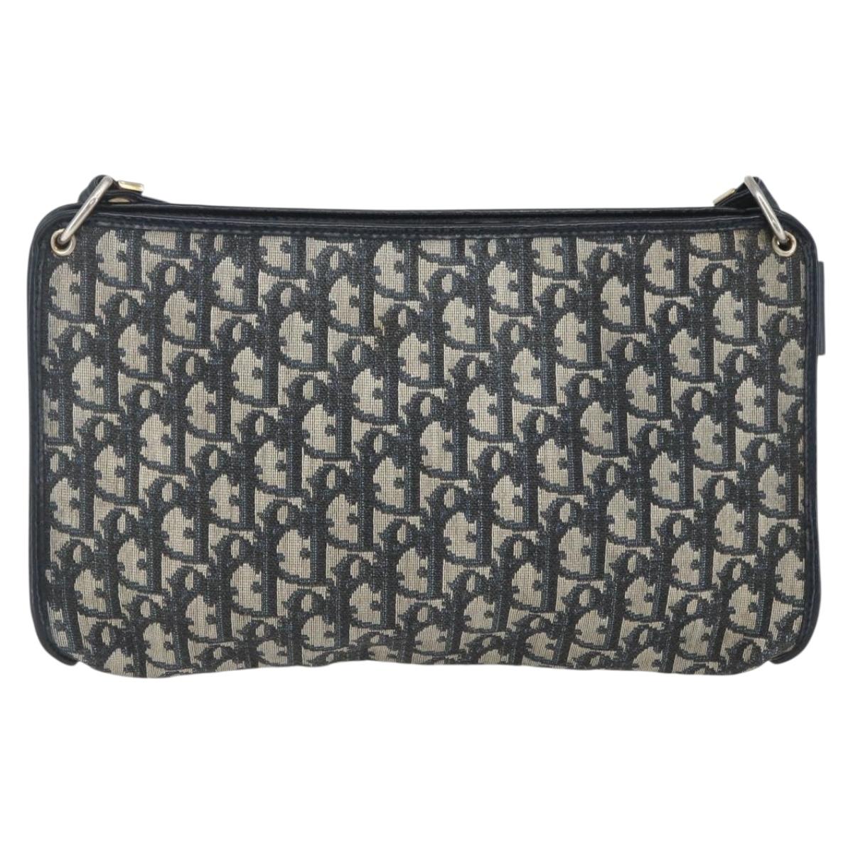 Christian Dior Trotter Canvas Shoulder Bag Beige Navy gold Auth 100669