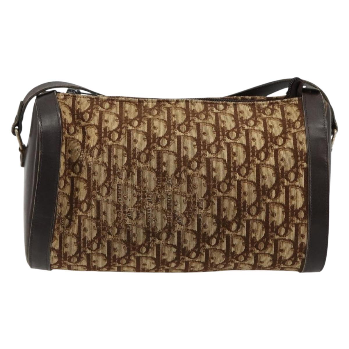 Christian Dior Trotter Canvas Shoulder Bag Beige Brown gold Auth 100672