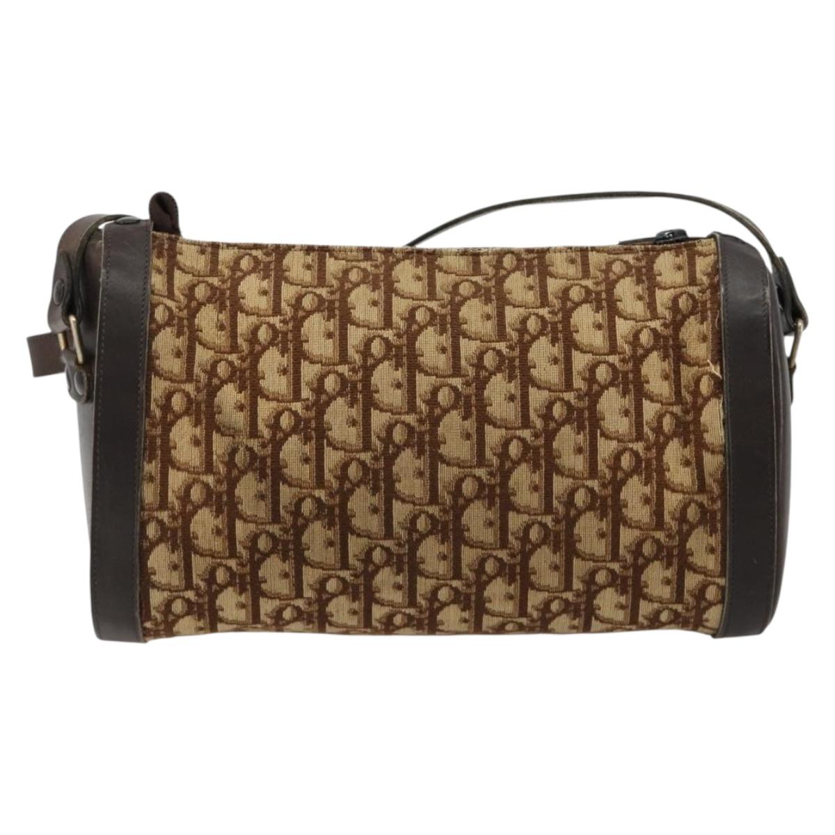 Christian Dior Trotter Canvas Shoulder Bag Beige Brown gold Auth 100672