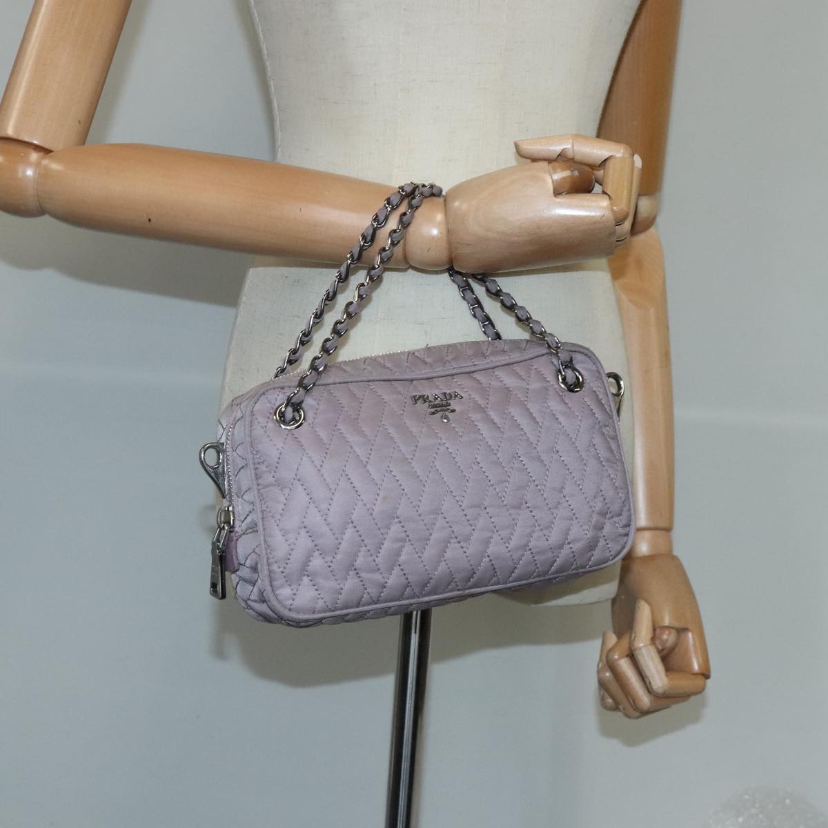 PRADA Quilted Chain Hand Bag Nylon Purple Silver Auth 100678