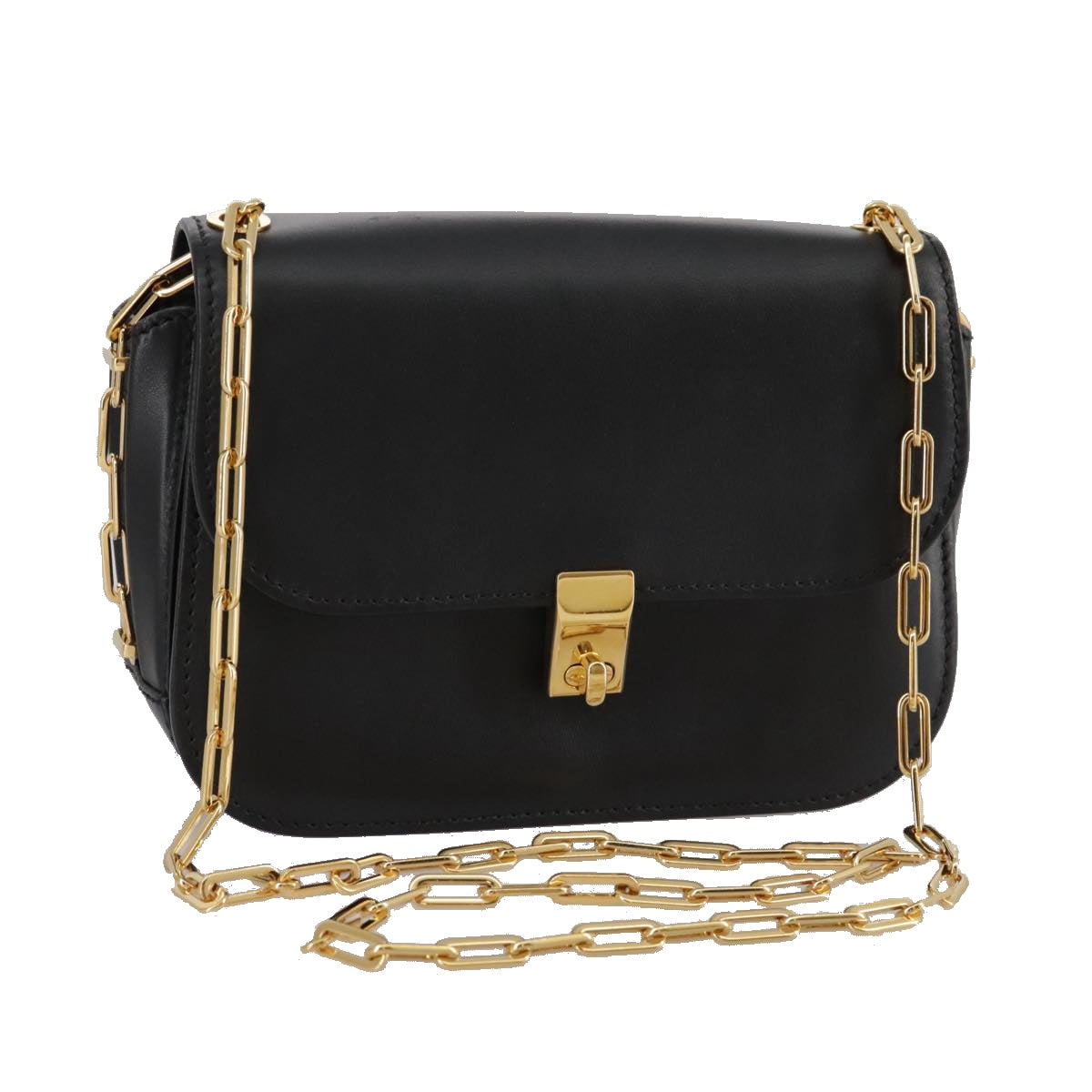 VALENTINO Chain Shoulder Bag Leather Black Gold Auth 100869