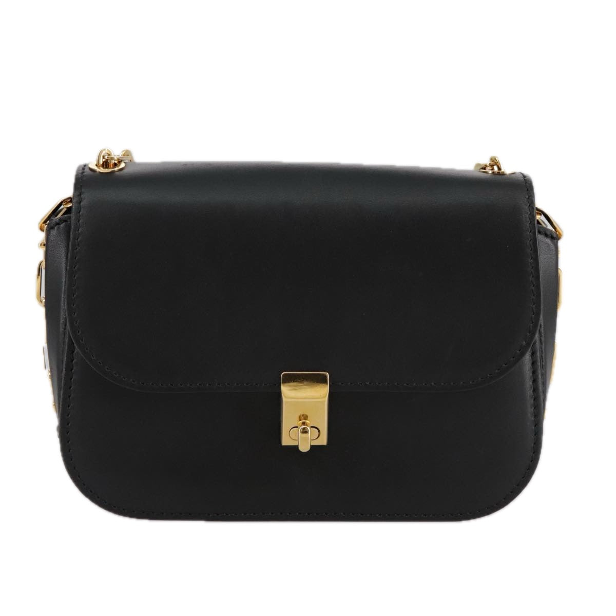 VALENTINO Chain Shoulder Bag Leather Black Gold Auth 100869