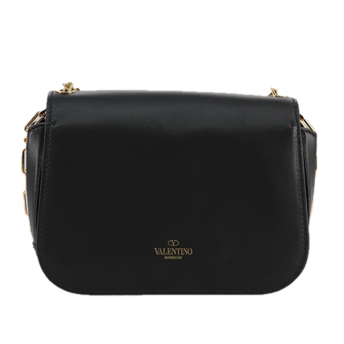 VALENTINO Chain Shoulder Bag Leather Black Gold Auth 100869