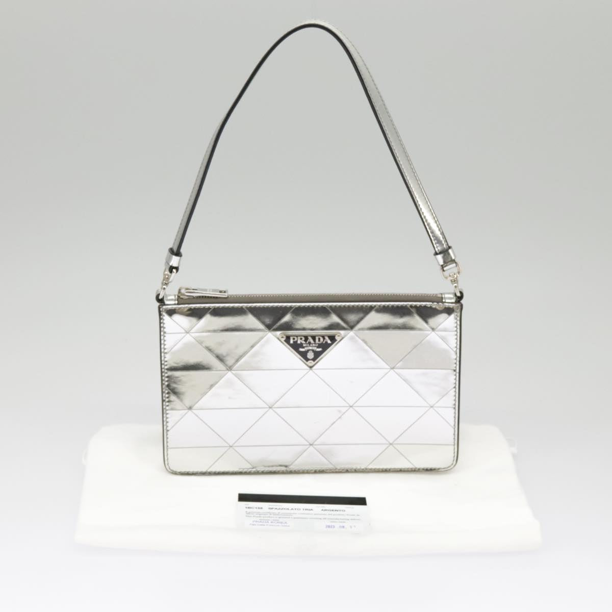 PRADA Accessory Pouch Metallic leather Silver Auth 101052AM