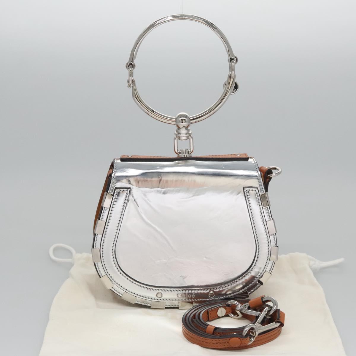 Chloe Nile Hand Bag Enamel Leather 2way Silver Brown Auth 101064