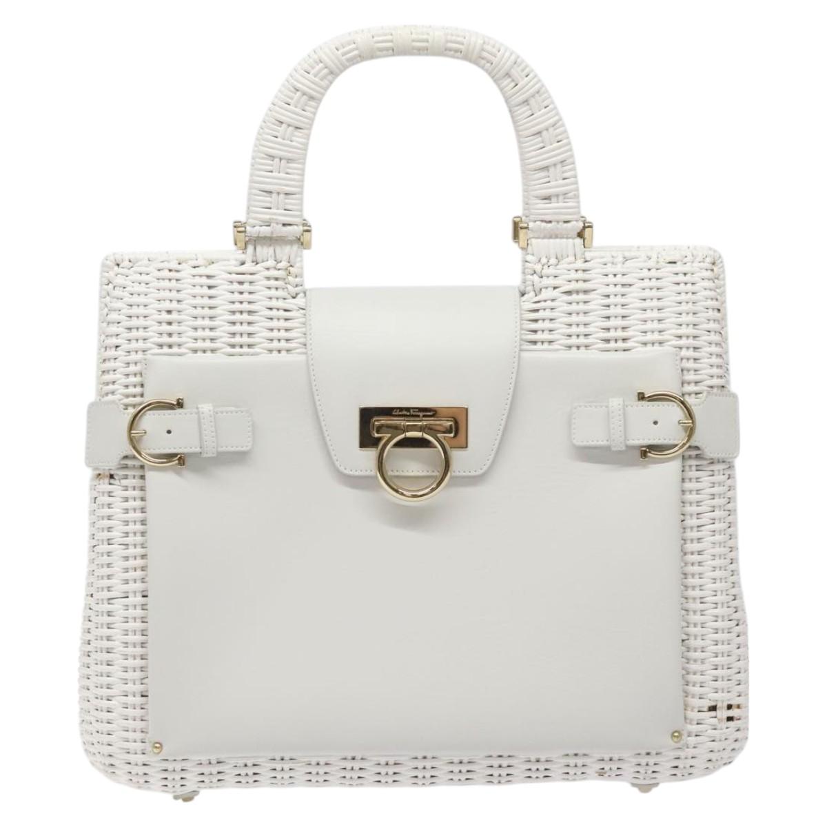 Salvatore Ferragamo Gancini Hand Bag Wicker White Auth 101078