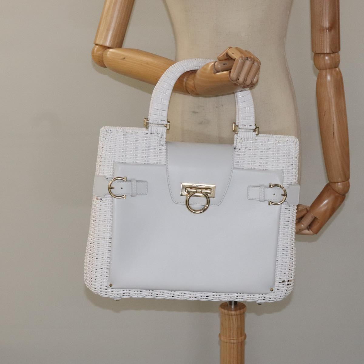 Salvatore Ferragamo Gancini Hand Bag Wicker White Auth 101078