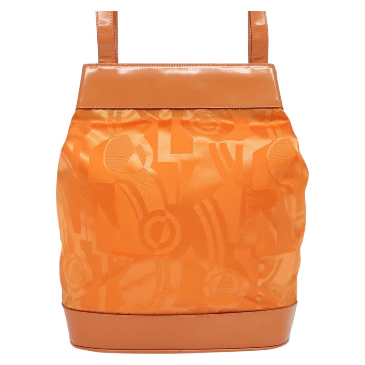 Salvatore Ferragamo Shoulder Bag Nylon Leather Orange Auth 101087
