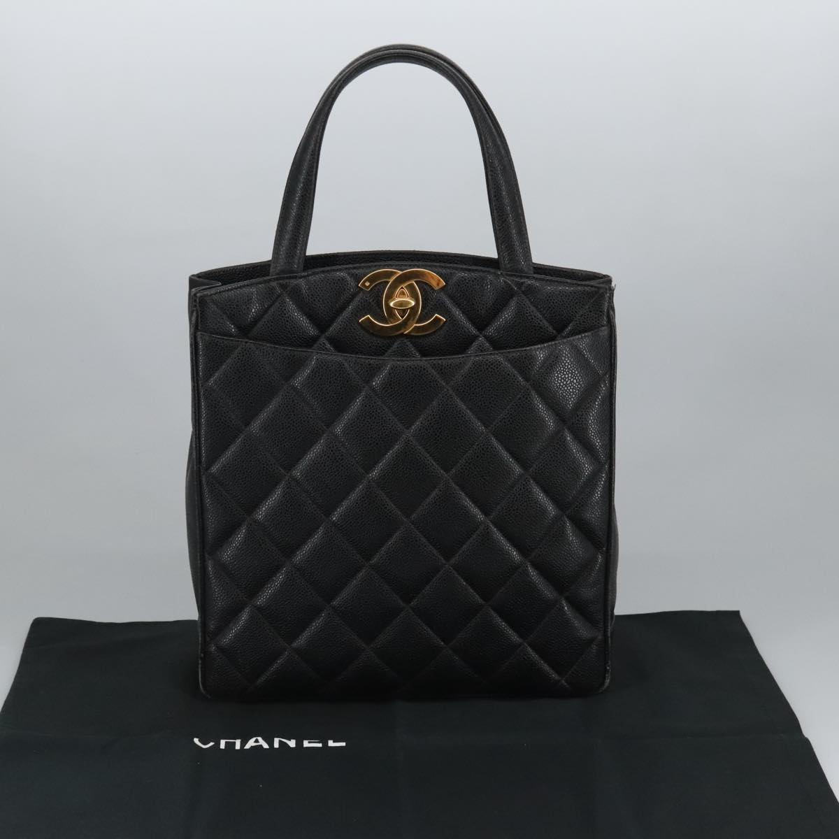 CHANEL Matelasse Hand Bag Caviar Skin Black CC Auth 101307M