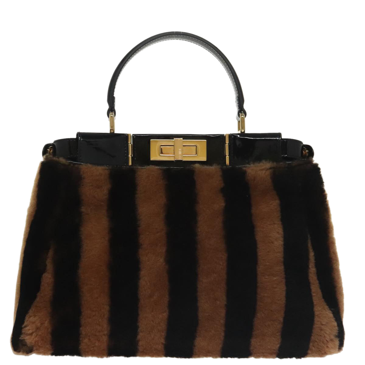 FENDI Pecan Peek A Boo Regular Hand Bag Mouton 2way Black Brown Auth 101314SV
