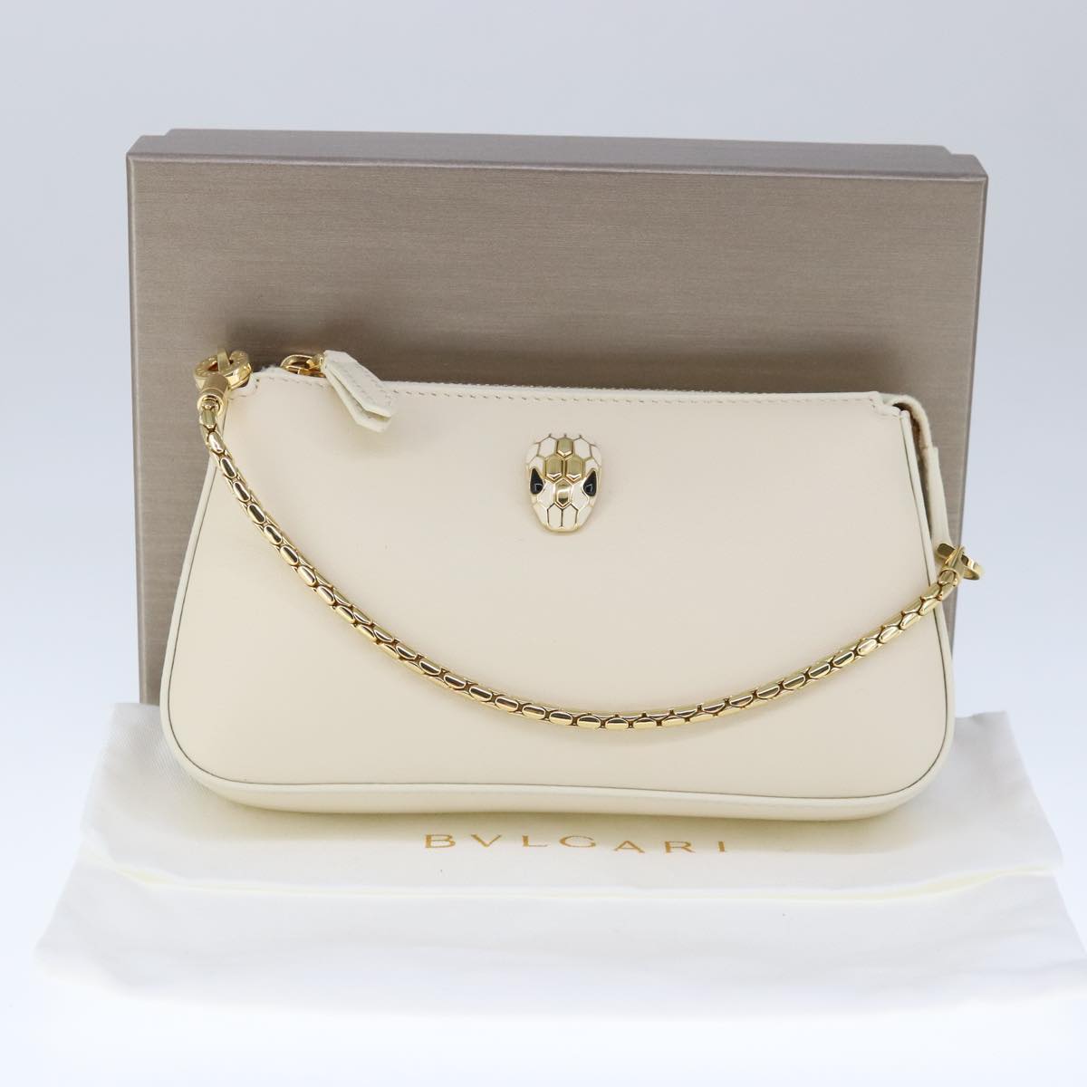 BVLGARI Serpenti Accessory Pouch Leather White Gold Auth 101324SA