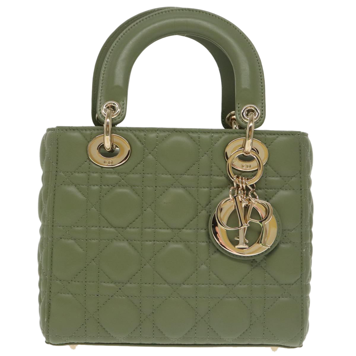 Christian Dior Canage Small Lady Dior Bag Lamb Skin 2way Green Gold Auth 101347A