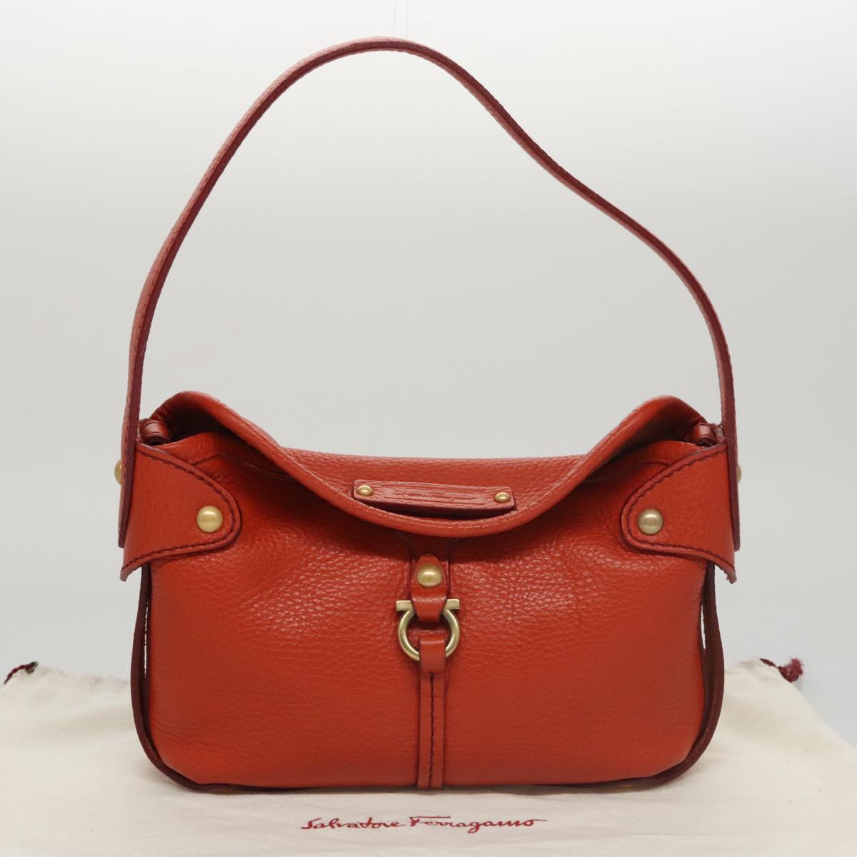 Salvatore Ferragamo Gancini Hand Bag Leather Orange Gold Auth 101900