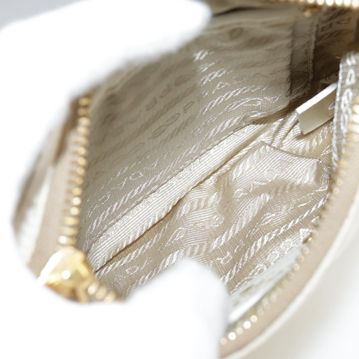 PRADA Chain Shoulder Bag Nylon White Gold Auth 101901
