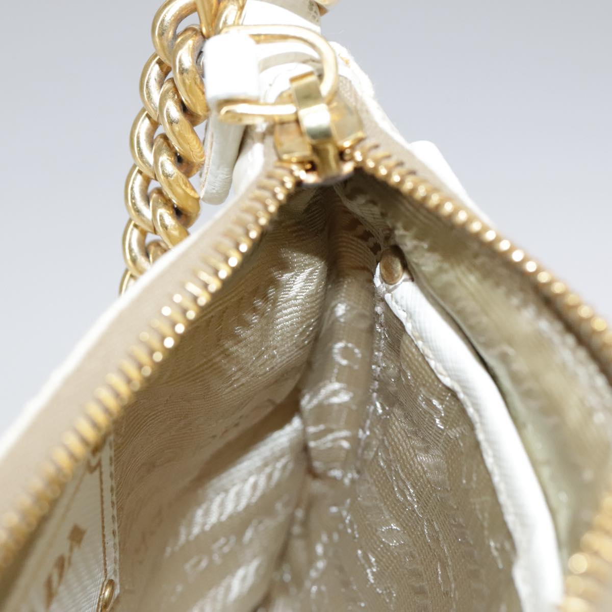 PRADA Chain Shoulder Bag Nylon White Gold Auth 101901