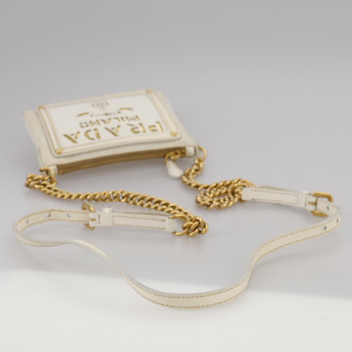PRADA Chain Shoulder Bag Nylon White Gold Auth 101901