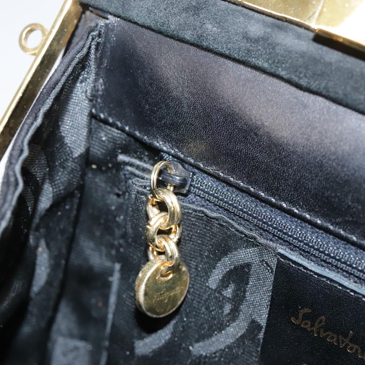 Salvatore Ferragamo Gancini Hand Bag Suede 2way Black Gold Auth 101932