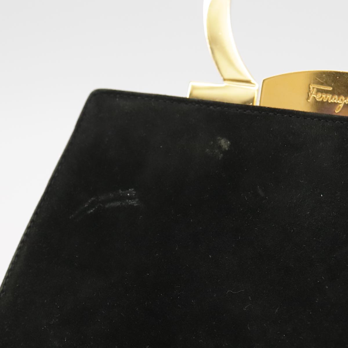 Salvatore Ferragamo Gancini Hand Bag Suede 2way Black Gold Auth 101932