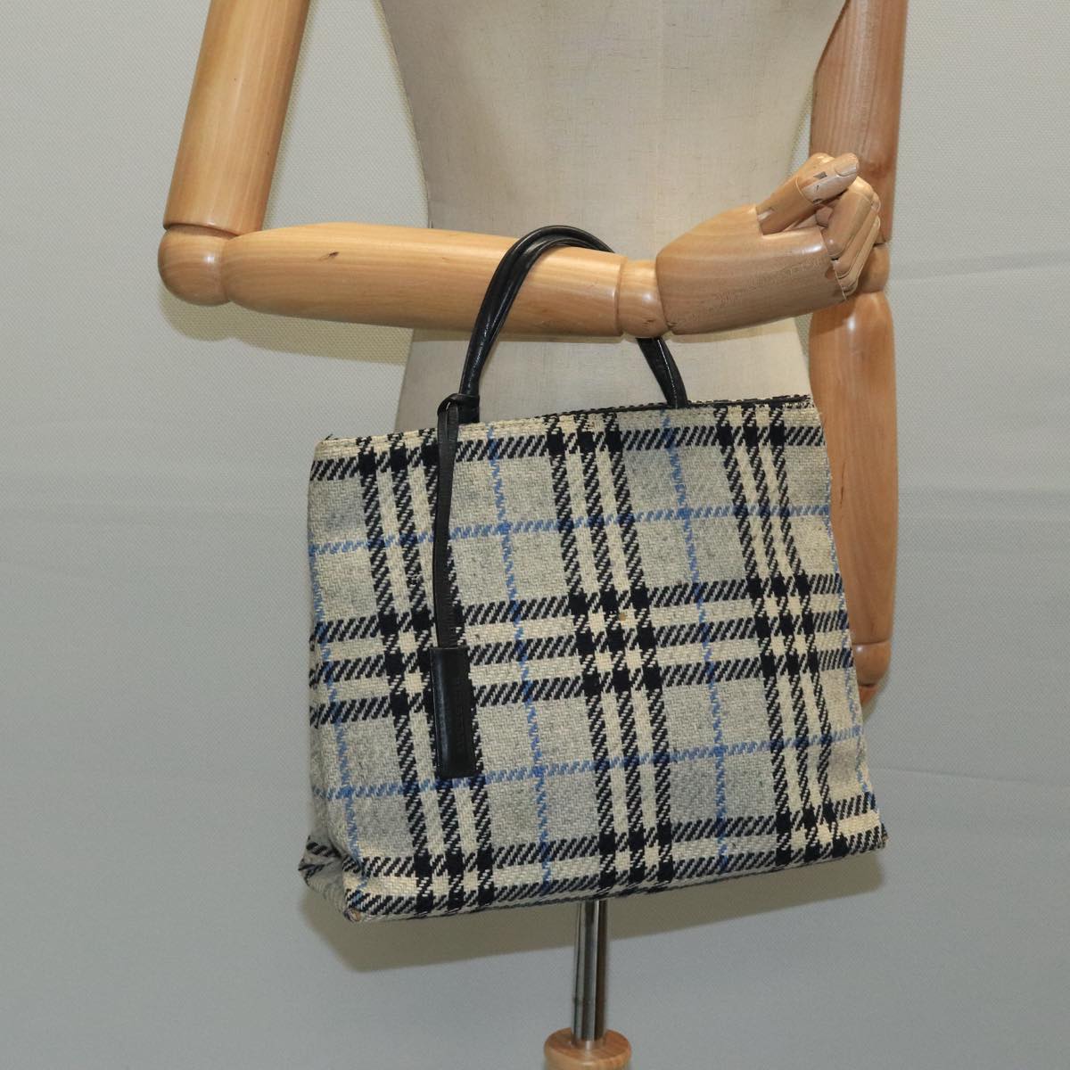 BURBERRY Nova Check Hand Bag Wool Gray Auth 101983