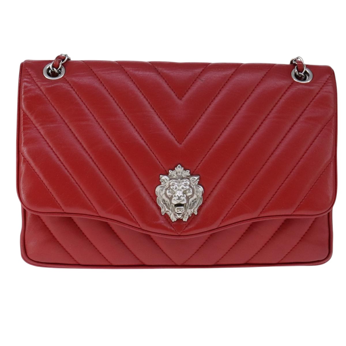 CHANEL V Stitch Chain Shoulder Bag Lamb Skin Red CC Auth 102030SAM