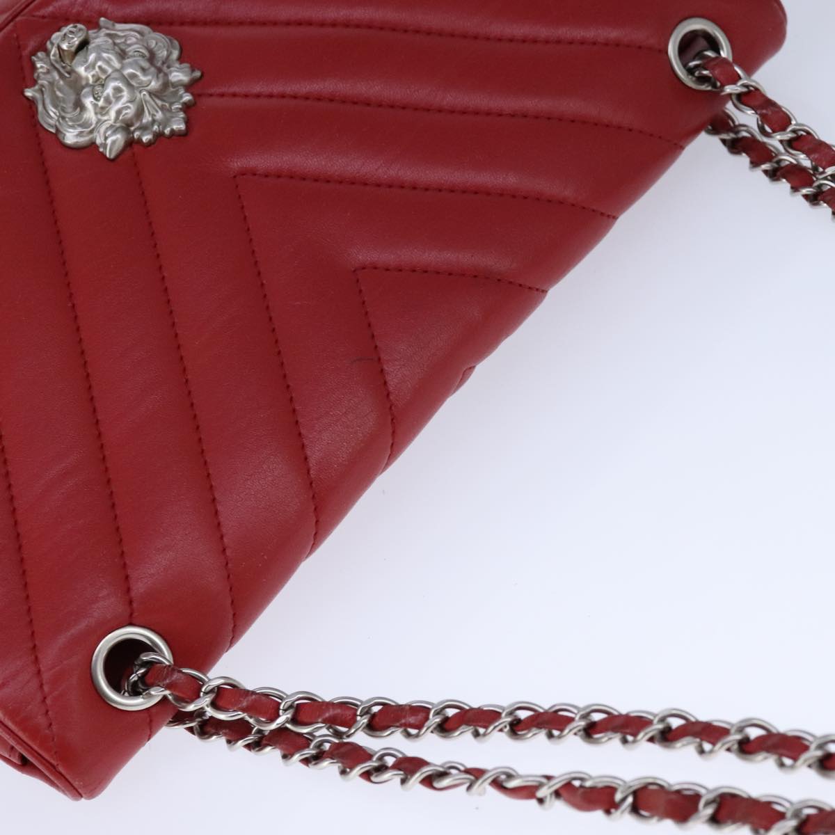 CHANEL V Stitch Chain Shoulder Bag Lamb Skin Red CC Auth 102030SAM