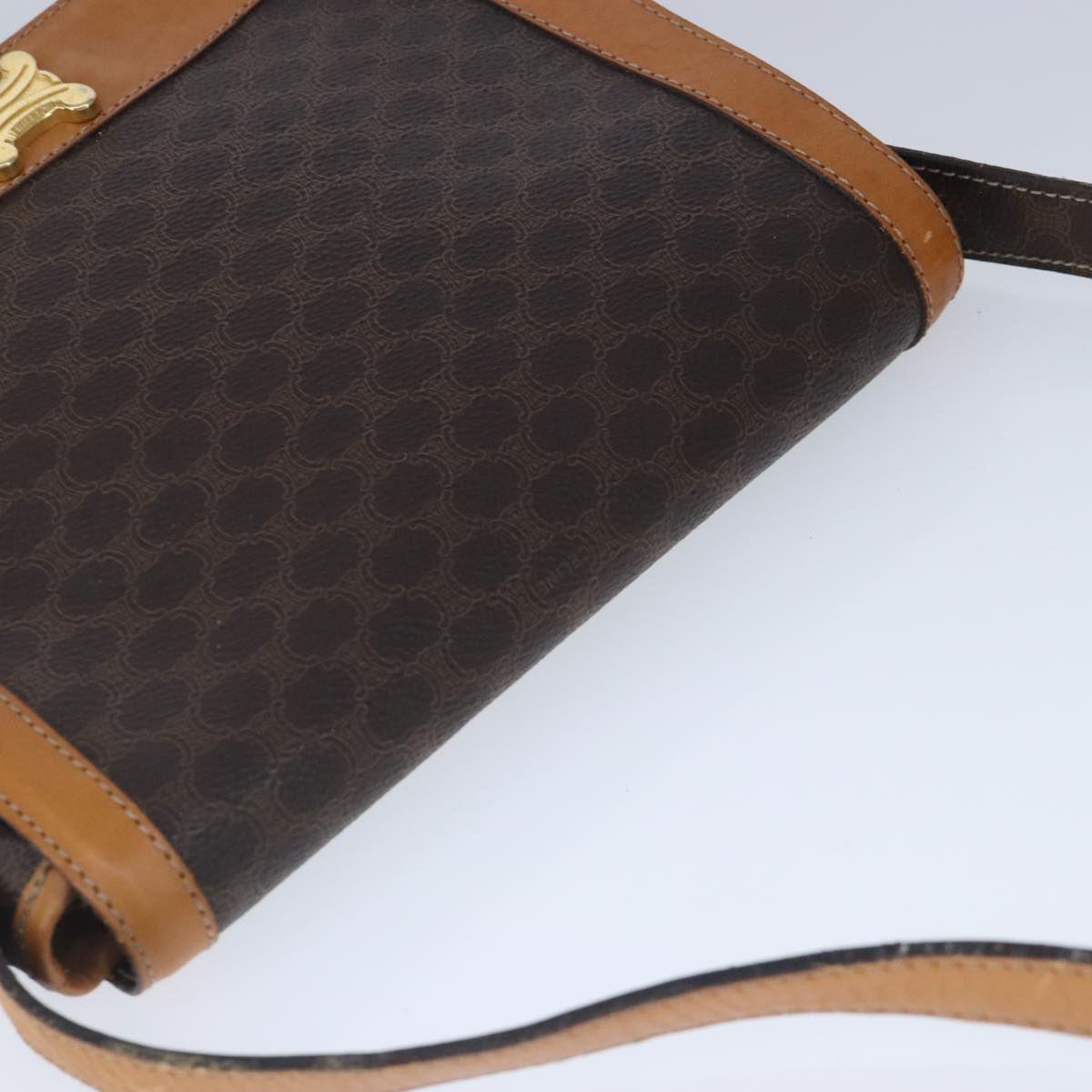 CELINE Macadam Canvas Shoulder Bag PVC Leather Brown Gold Auth 102371
