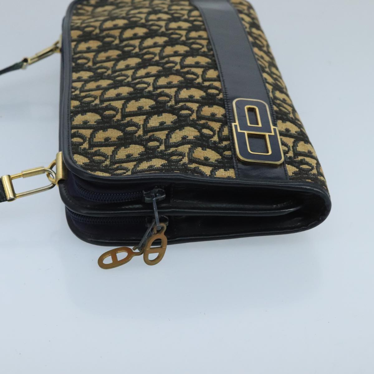 Christian Dior Trotter Canvas Shoulder Bag Navy Beige Gold Auth 102519
