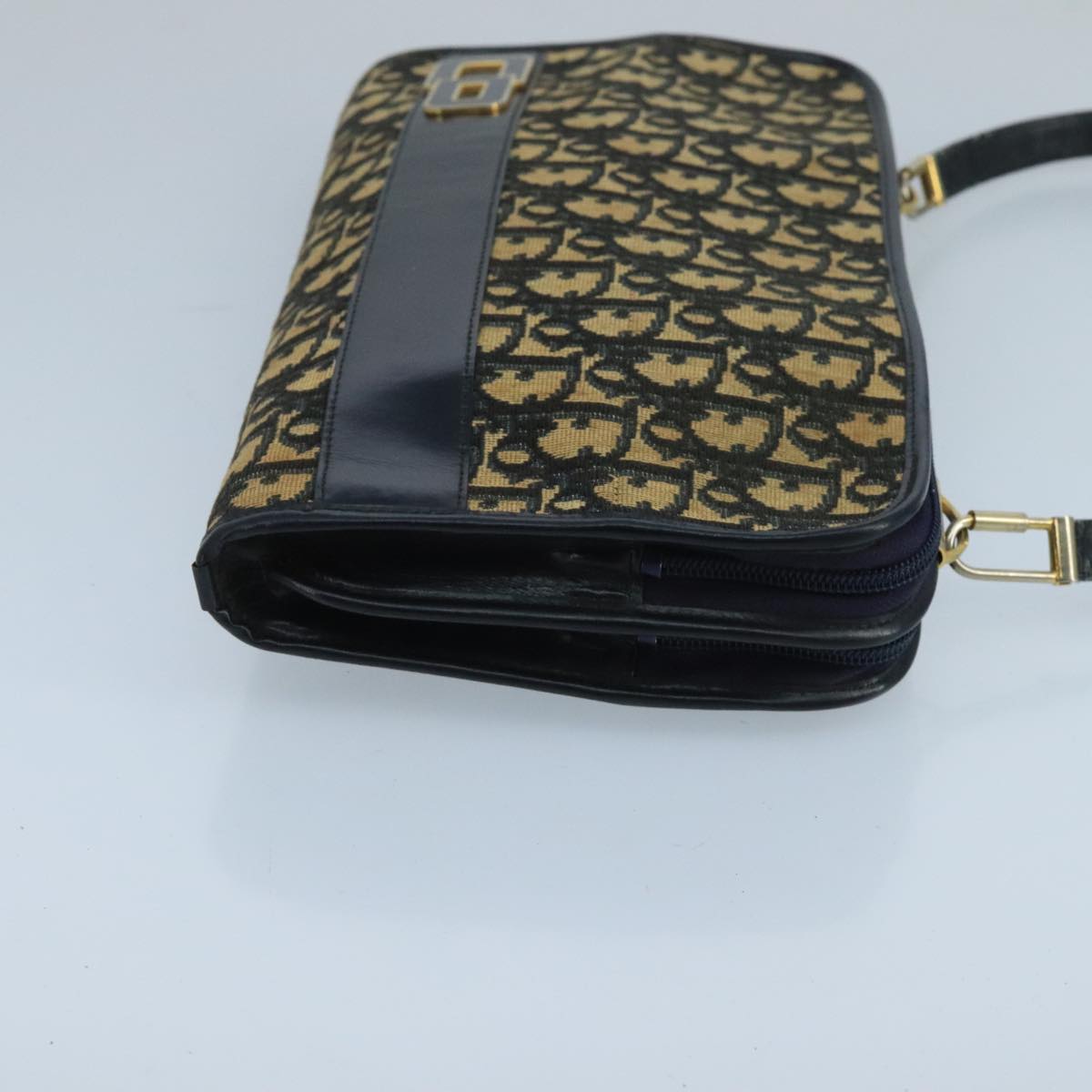 Christian Dior Trotter Canvas Shoulder Bag Navy Beige Gold Auth 102519