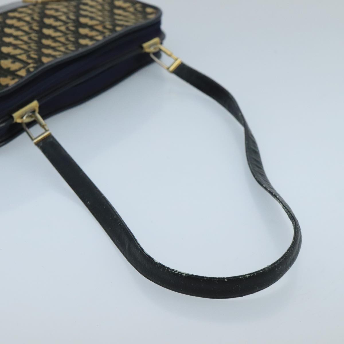 Christian Dior Trotter Canvas Shoulder Bag Navy Beige Gold Auth 102519