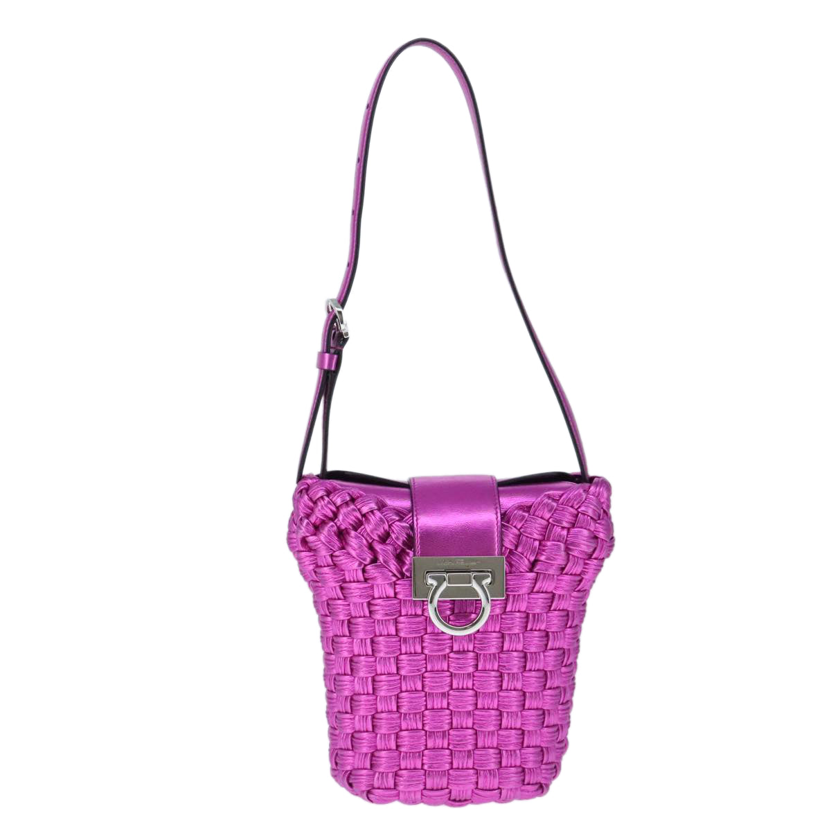 Salvatore Ferragamo Gancini Shoulder Bag Leather Pink Silver Auth 102537AV
