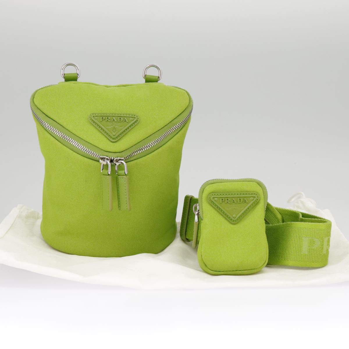 PRADA Shoulder Bag Canvas Silver Green Auth 102538AV