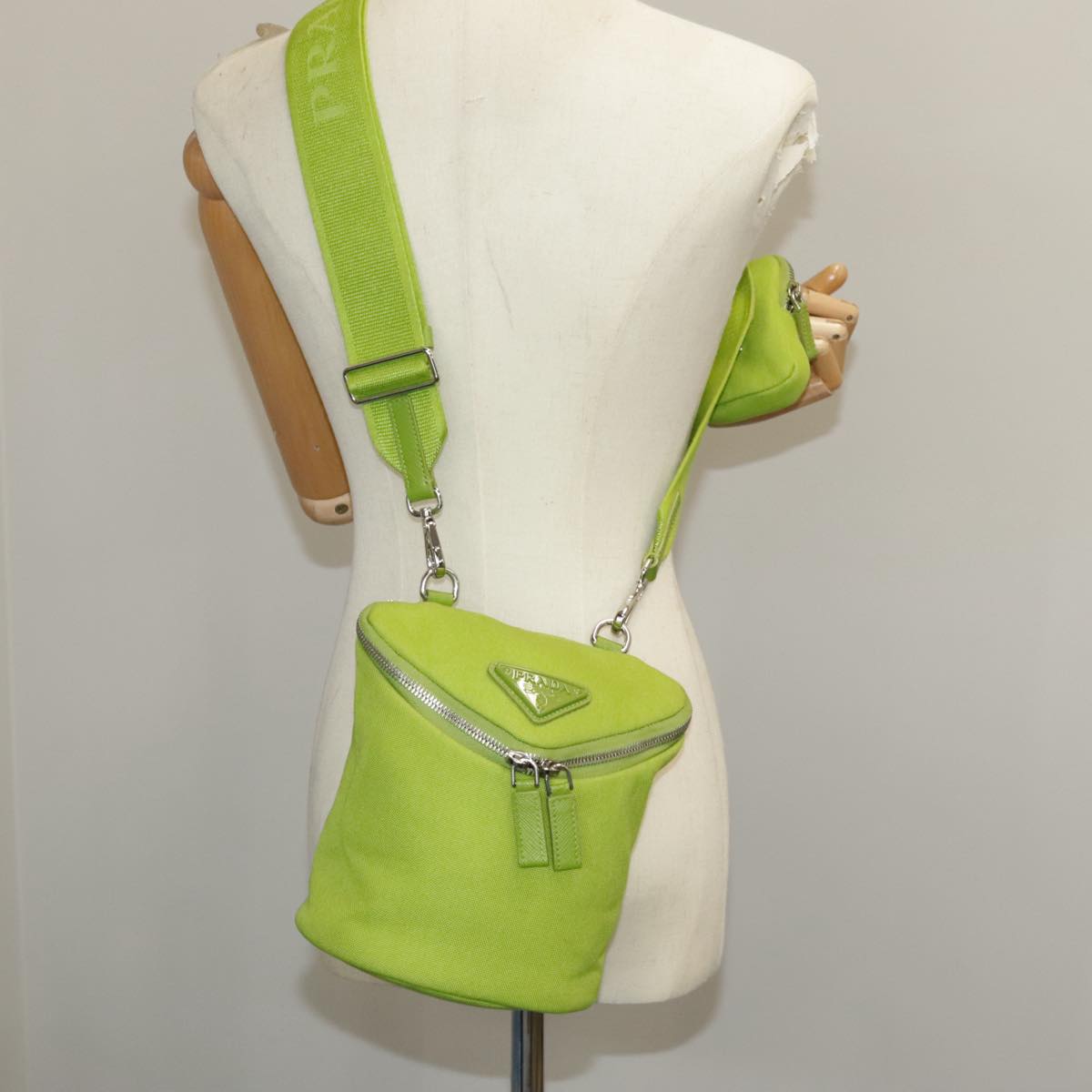 PRADA Shoulder Bag Canvas Silver Green Auth 102538AV
