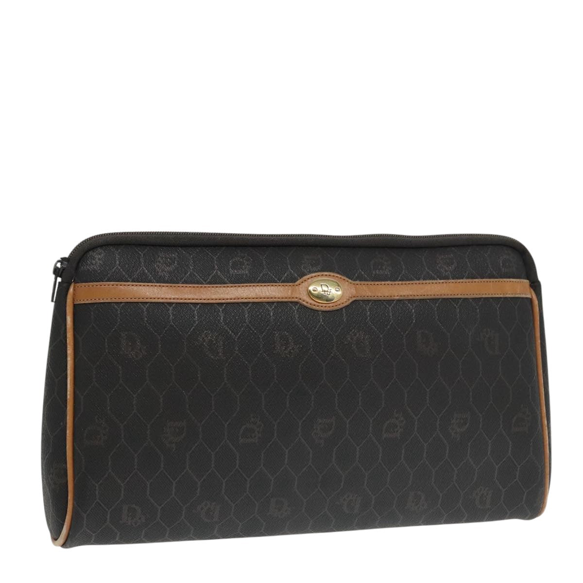Christian Dior Honeycomb Canvas Clutch Bag PVC Black Brown Gold Auth 102545