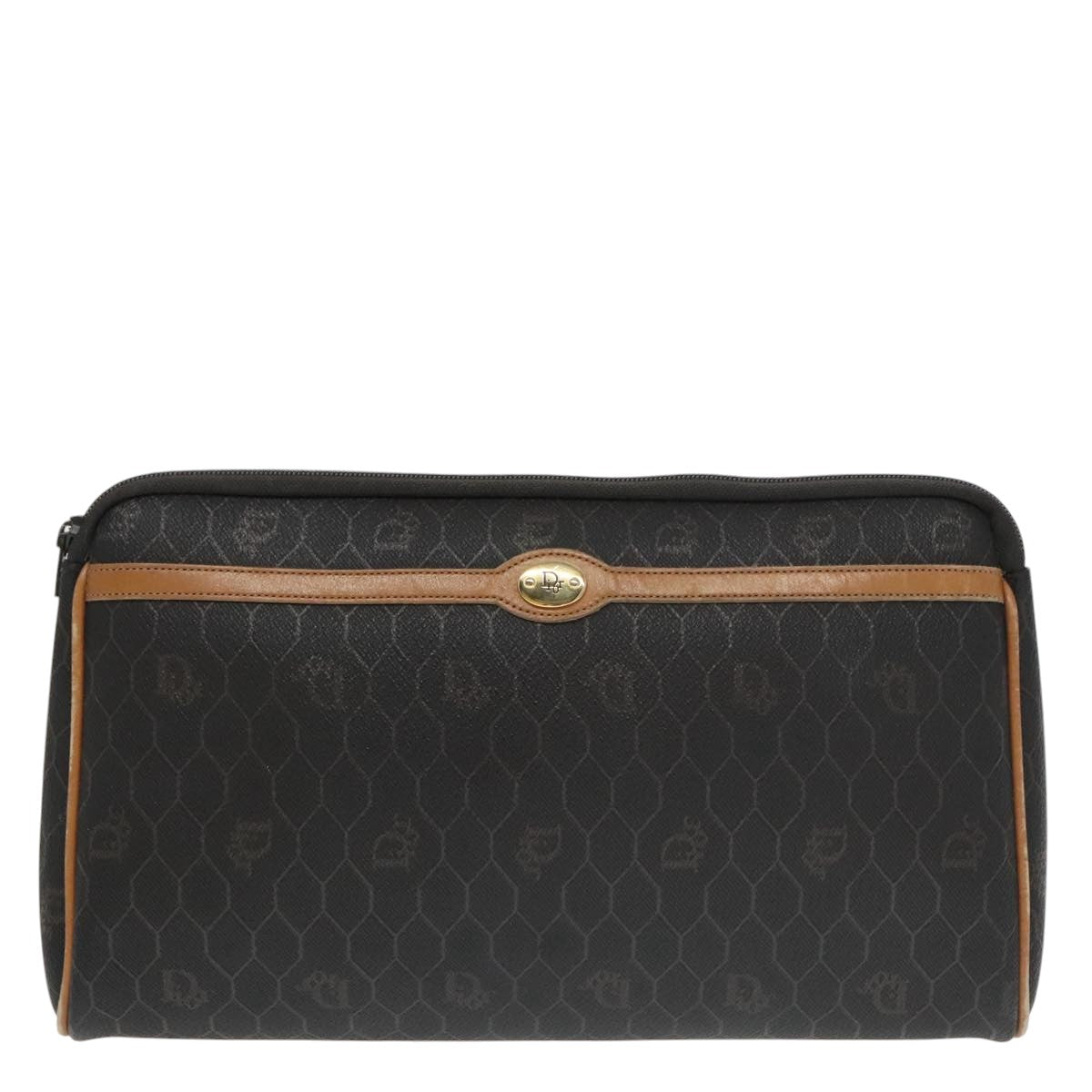 Christian Dior Honeycomb Canvas Clutch Bag PVC Black Brown Gold Auth 102545
