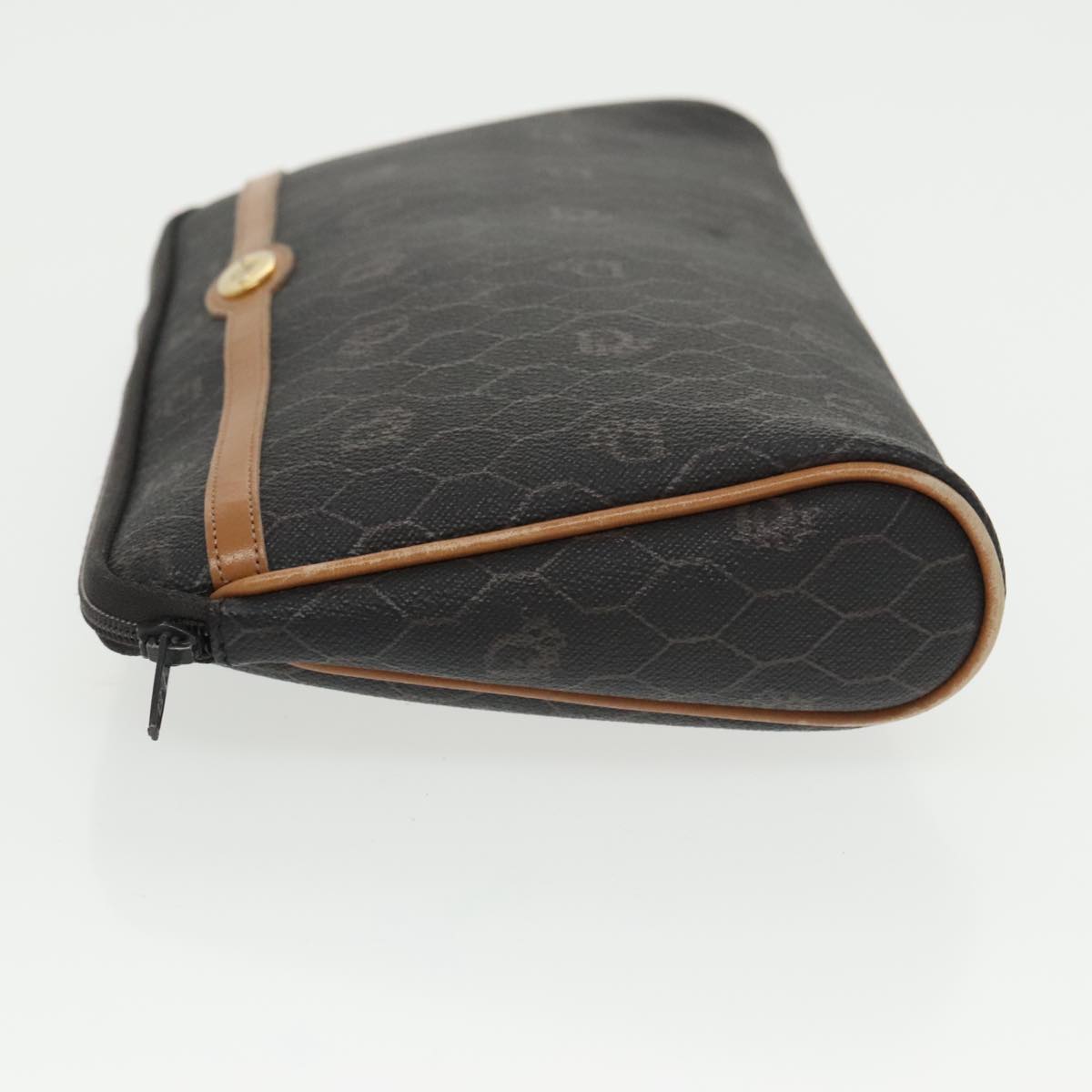 Christian Dior Honeycomb Canvas Clutch Bag PVC Black Brown Gold Auth 102545