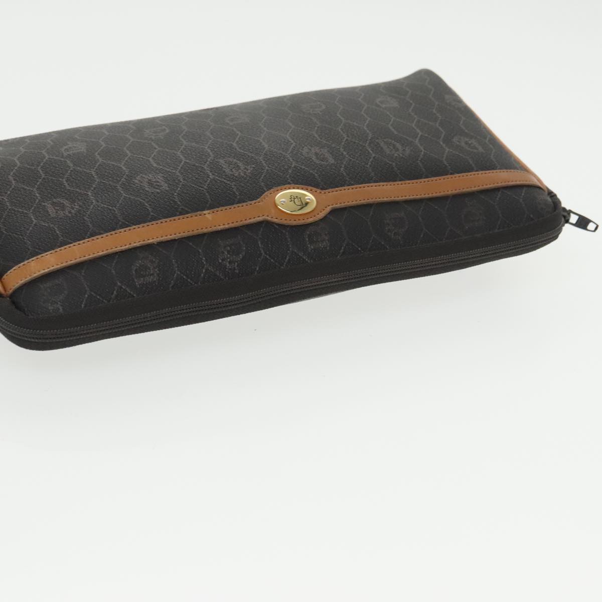 Christian Dior Honeycomb Canvas Clutch Bag PVC Black Brown Gold Auth 102545