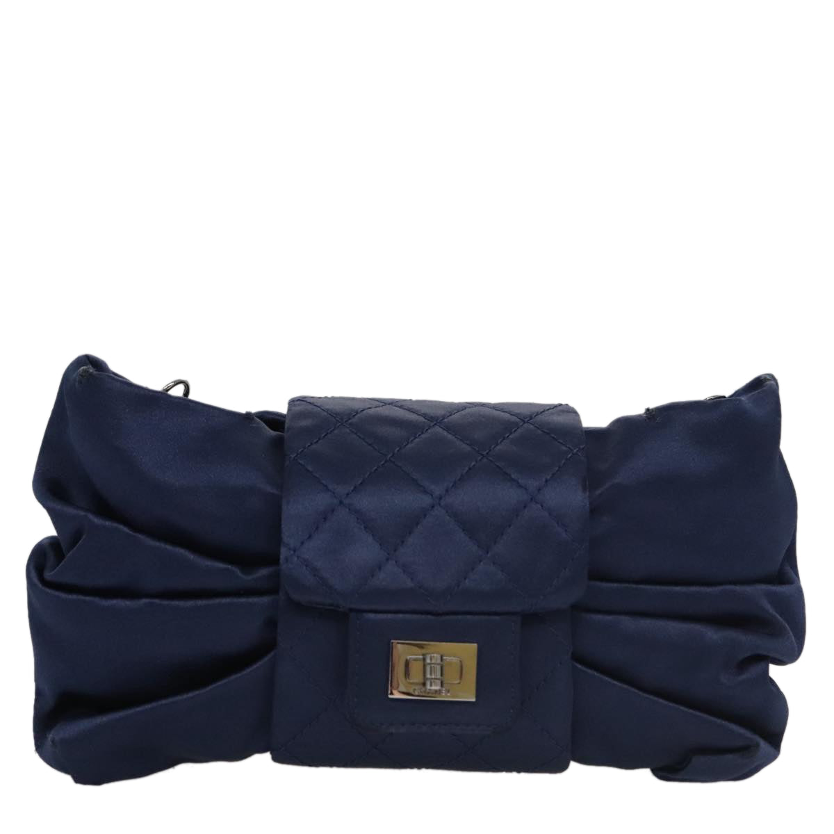CHANEL Matelasse Chain Shoulder Bag Satin Navy CC Auth 103082