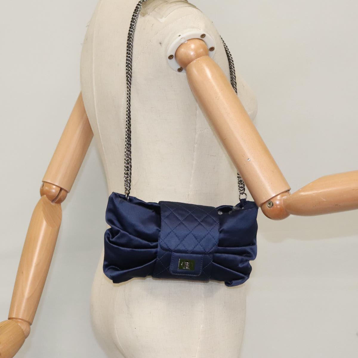CHANEL Matelasse Chain Shoulder Bag Satin Navy CC Auth 103082