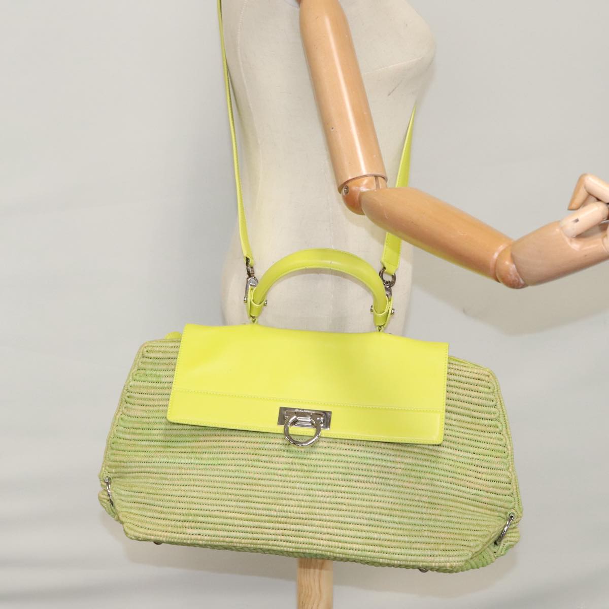 Salvatore Ferragamo Sofia Gancini Hand Bag Straw Leather 2way Green Auth 103207V