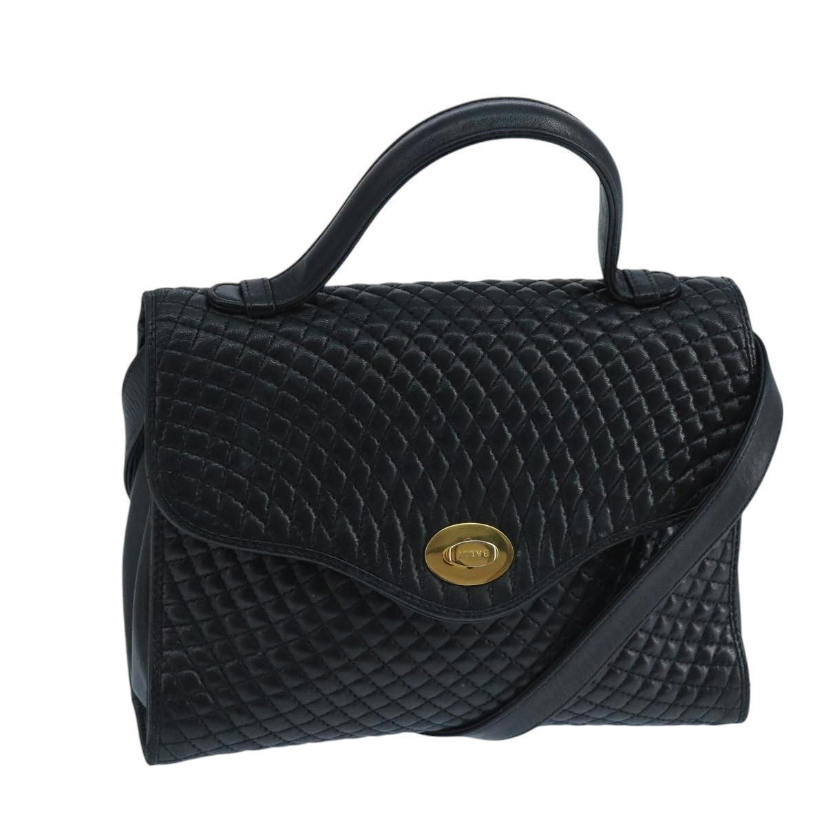 BALLY Hand Bag Leather 2way Black Gold Auth 103280