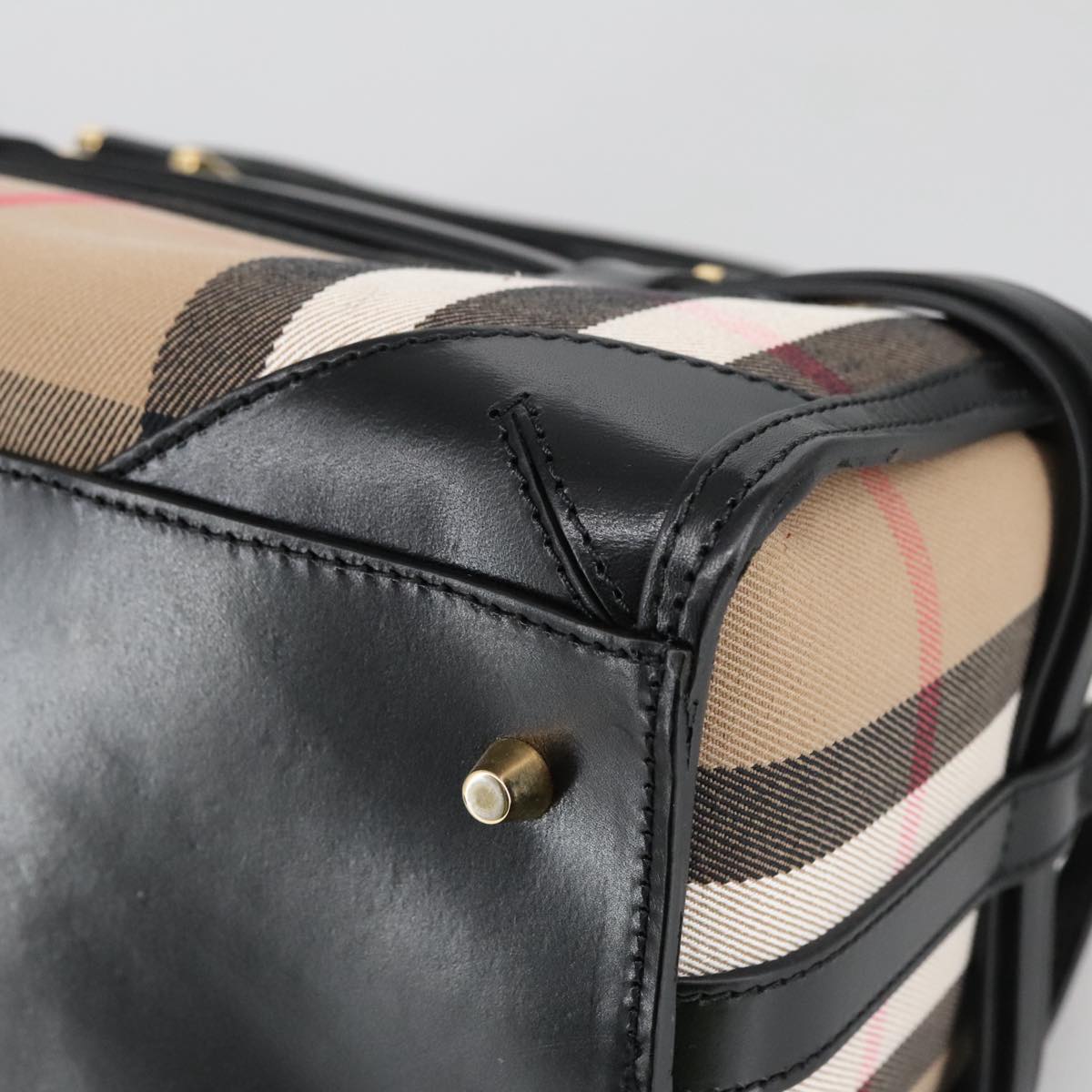 BURBERRY Nova Check Hand Bag Canvas 2way Beige Black Auth 103293AV