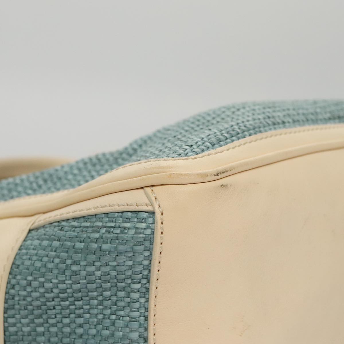 CELINE Hand Bag Straw Leather Blue Cream Gold Auth 103294