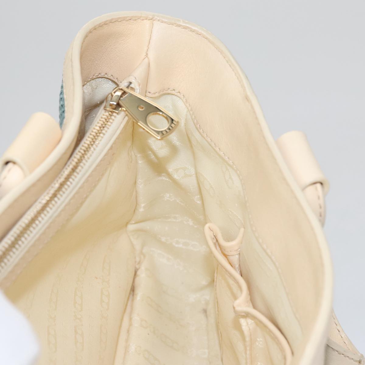 CELINE Hand Bag Straw Leather Blue Cream Gold Auth 103294