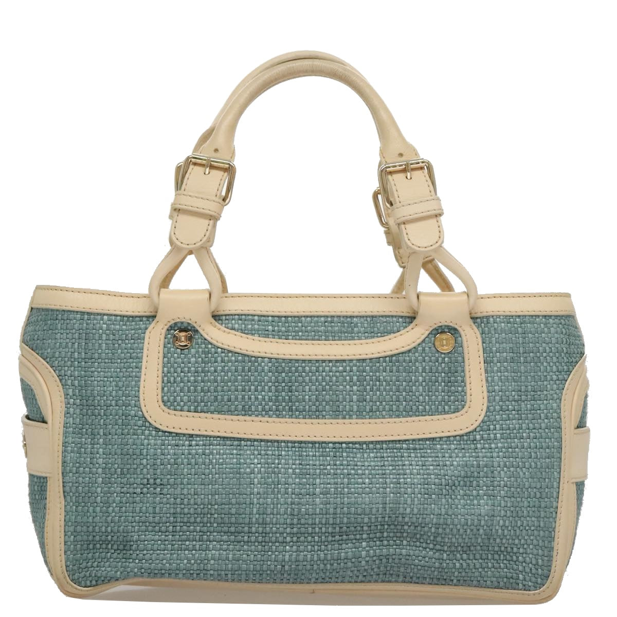 CELINE Hand Bag Straw Leather Blue Cream Gold Auth 103294