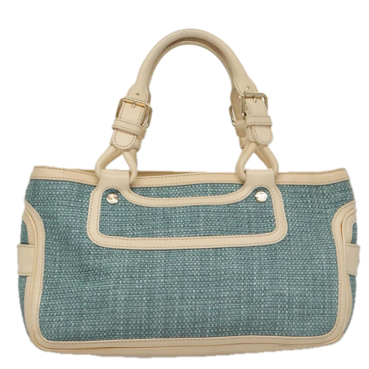 CELINE Hand Bag Straw Leather Blue Cream Gold Auth 103294
