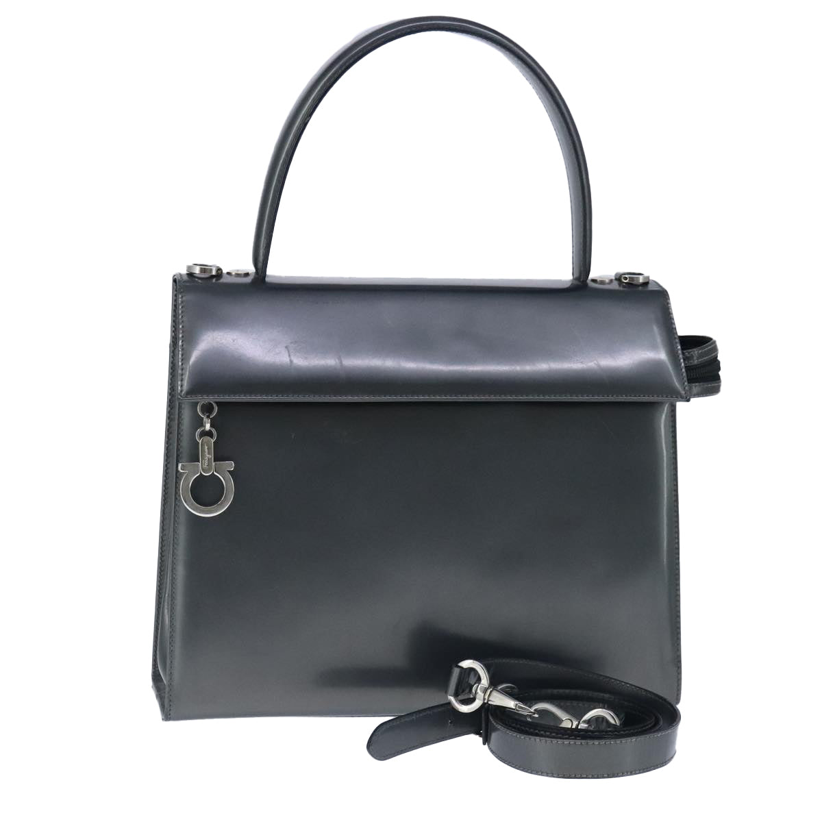 Salvatore Ferragamo Hand Bag Enamel 2way Black Silver Auth 103651